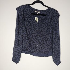 Marine Layer Leopard Print Ruffle Blouse Blue Small
